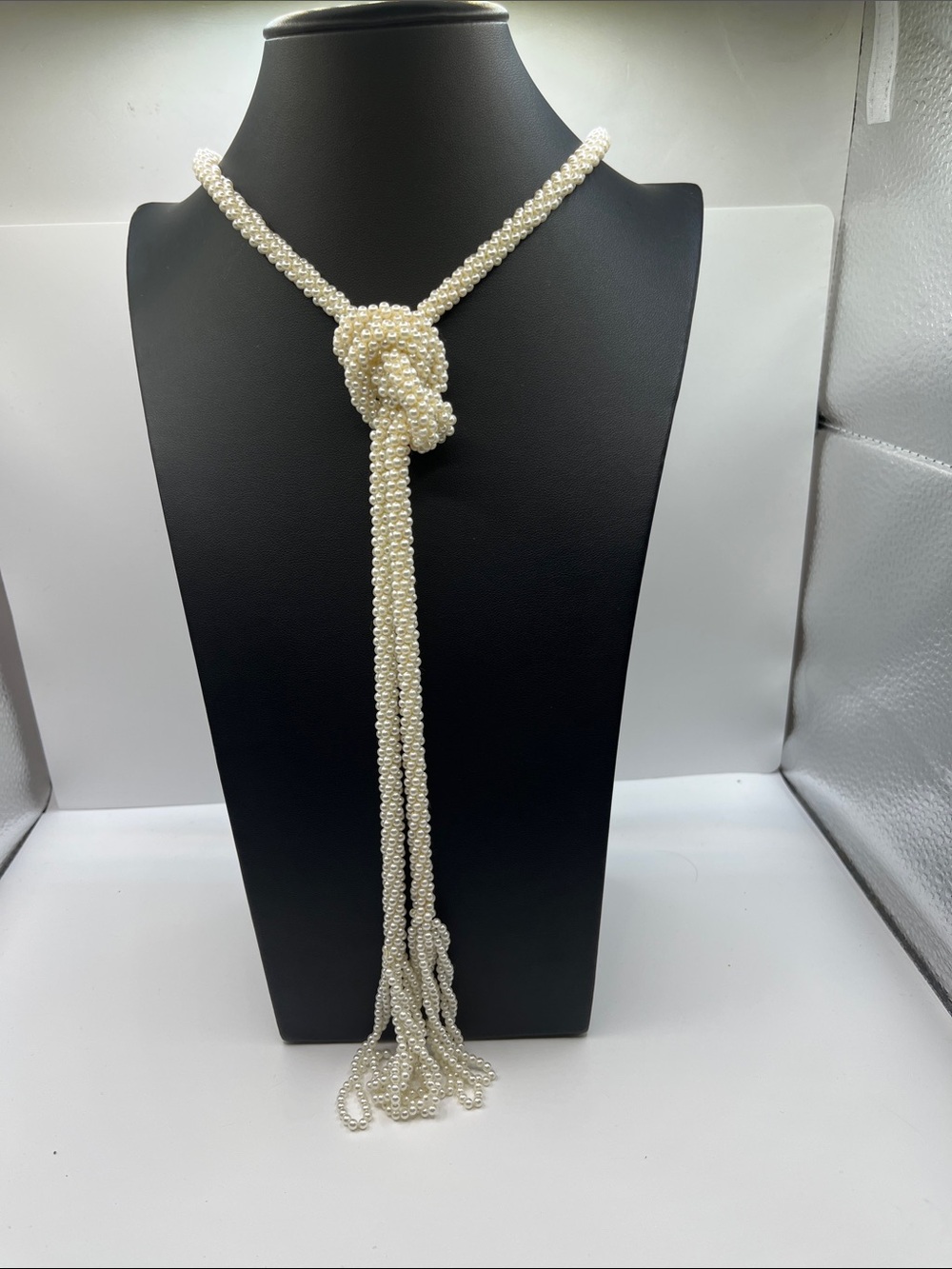 Lariat  Ivory Pearl Knot Lariat Necklace Beaded 52” Elegant Faux Pearl Belt